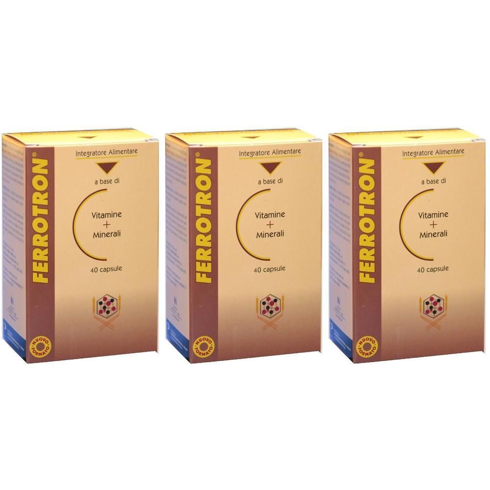 Tre confezioni di Ferrotron, integratore alimentare a base di vitamine e minerali, 60 capsule per confezione.