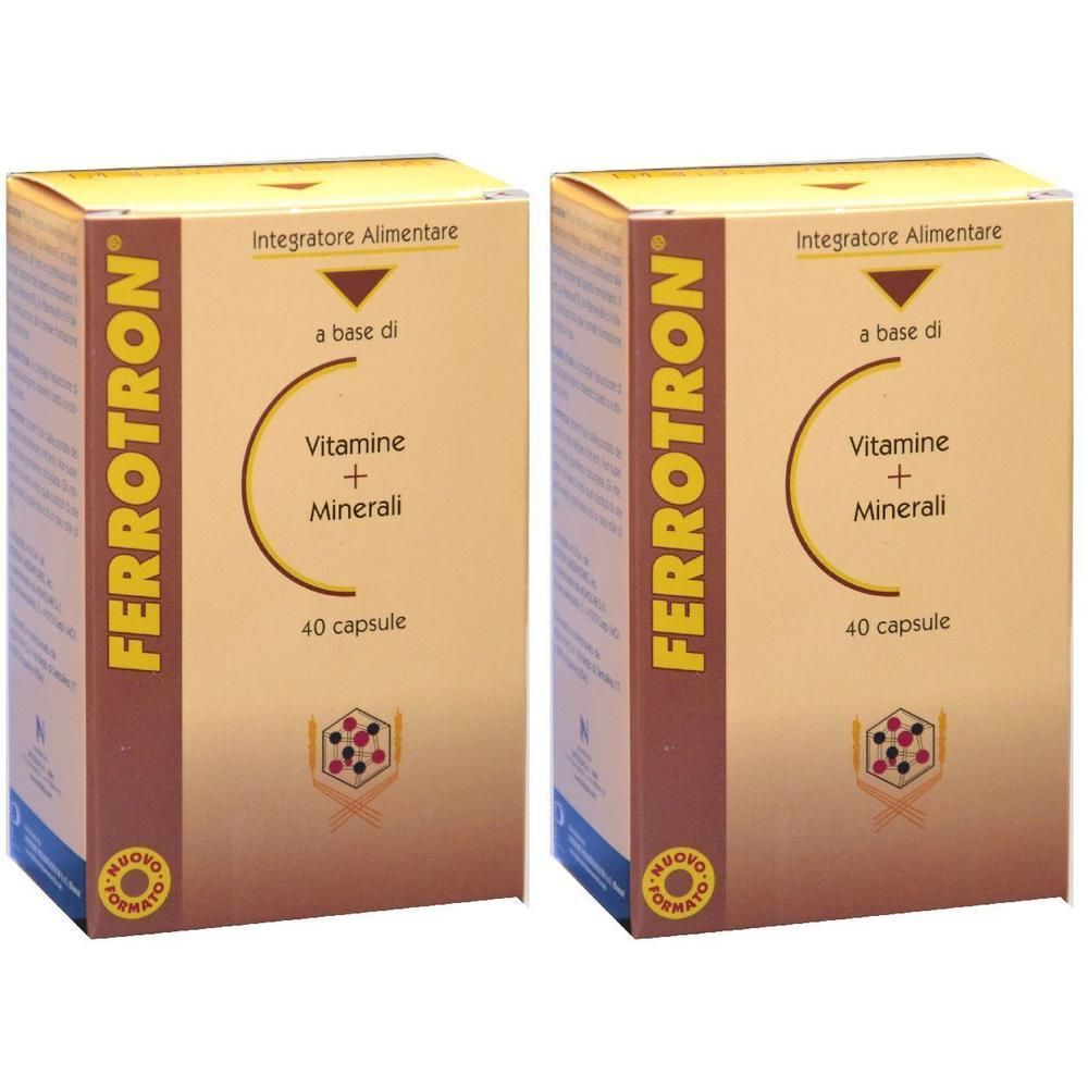 Due confezioni di Ferrotron, integratore alimentare vitamine e minerali, 40 capsule per confezione.