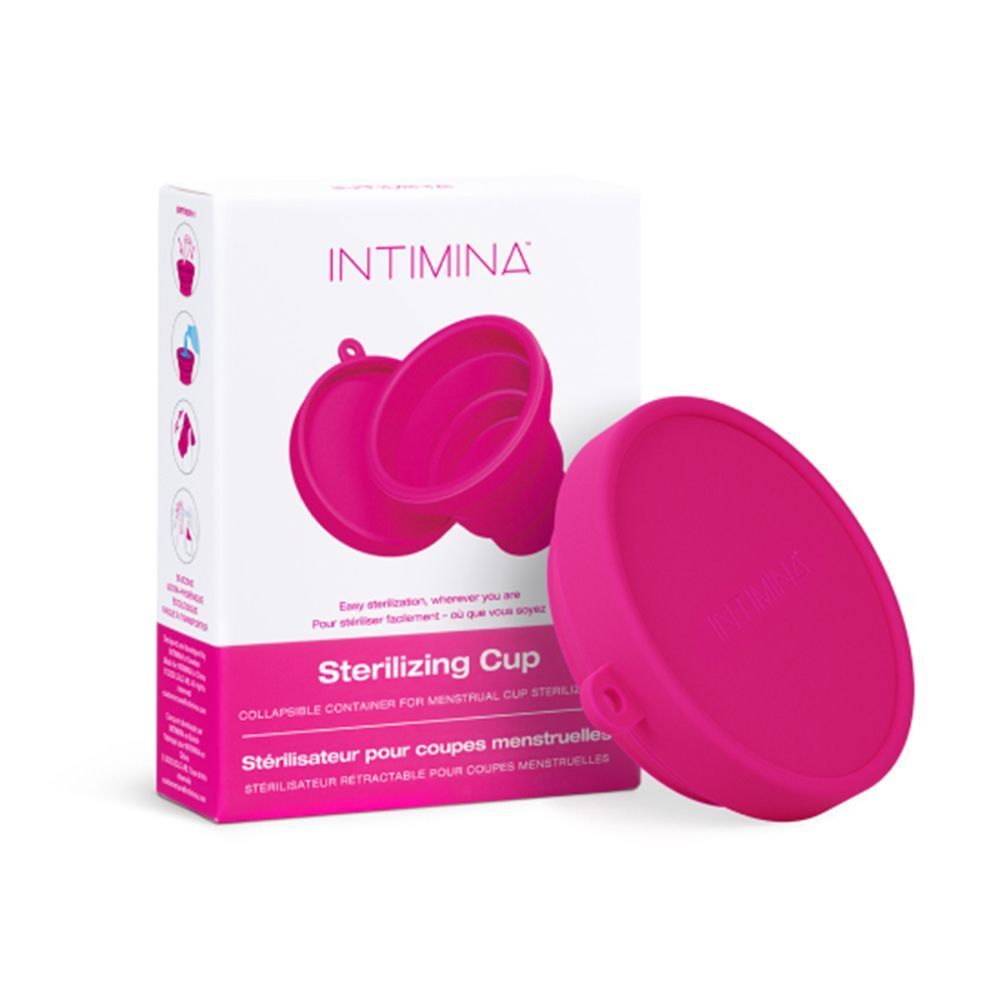 Uno sterilizzatore pieghevole rosa accanto alla sua confezione aperta.