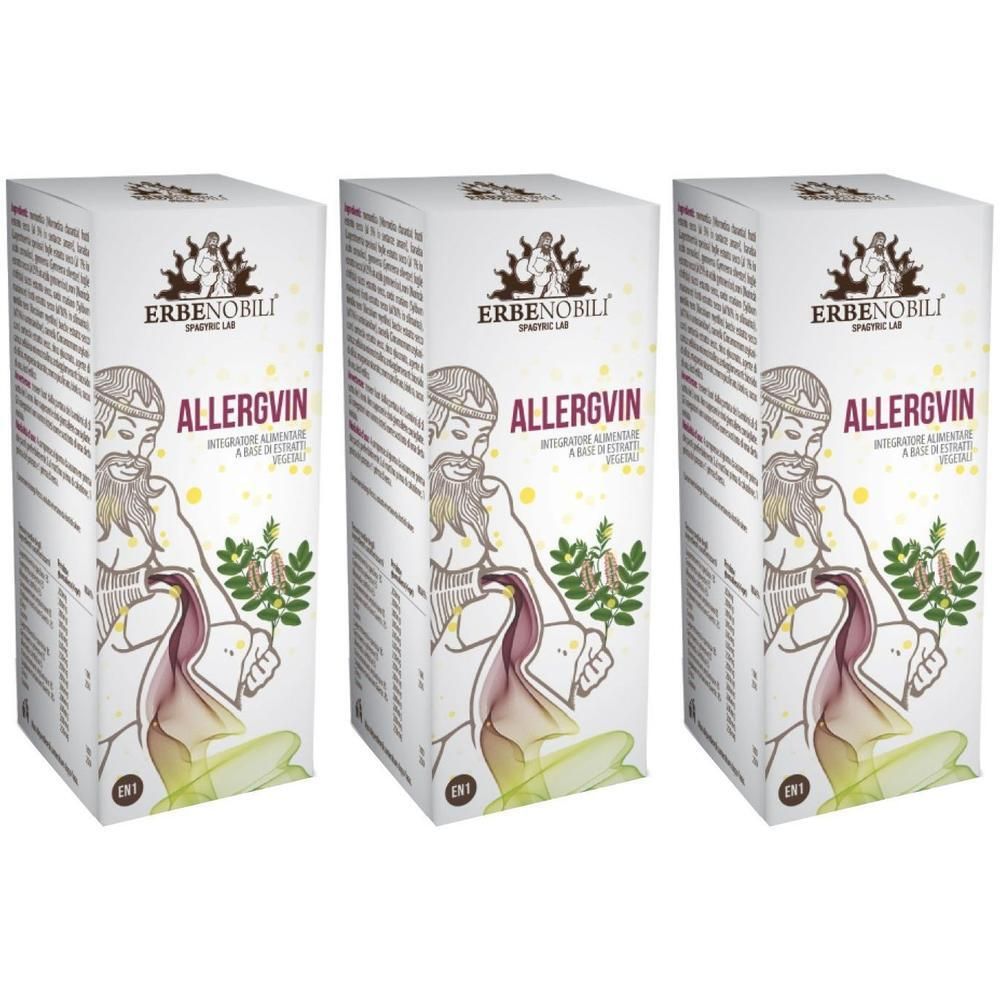 Tre confezioni di Allergvin, integratore alimentare. Fronte con illustrazione di un uomo e piante.