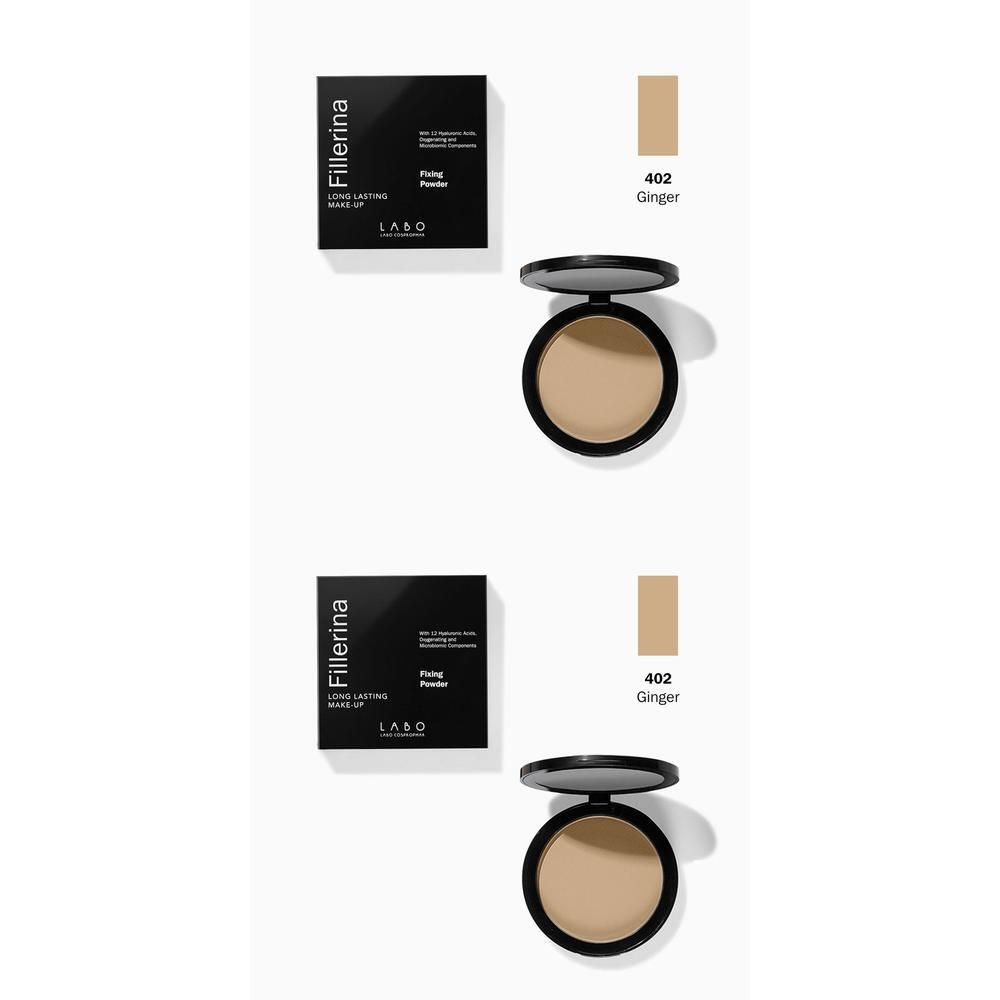 Due ciprie aperte con cipria color beige, accanto a confezioni nere e campioni di colore.