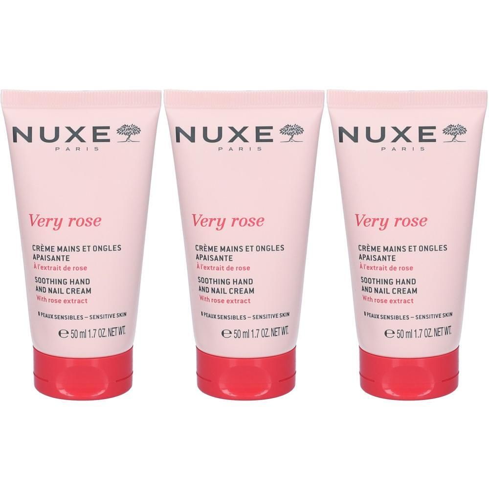 Tre tubi di crema mani e unghie Nuxe Very Rose, 50ml ciascuno.