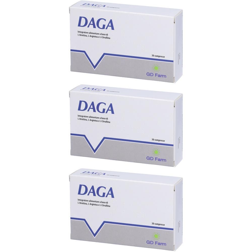 Tre scatole di DAGA integratore alimentare a base di L-Arginina e L-Citrullina.