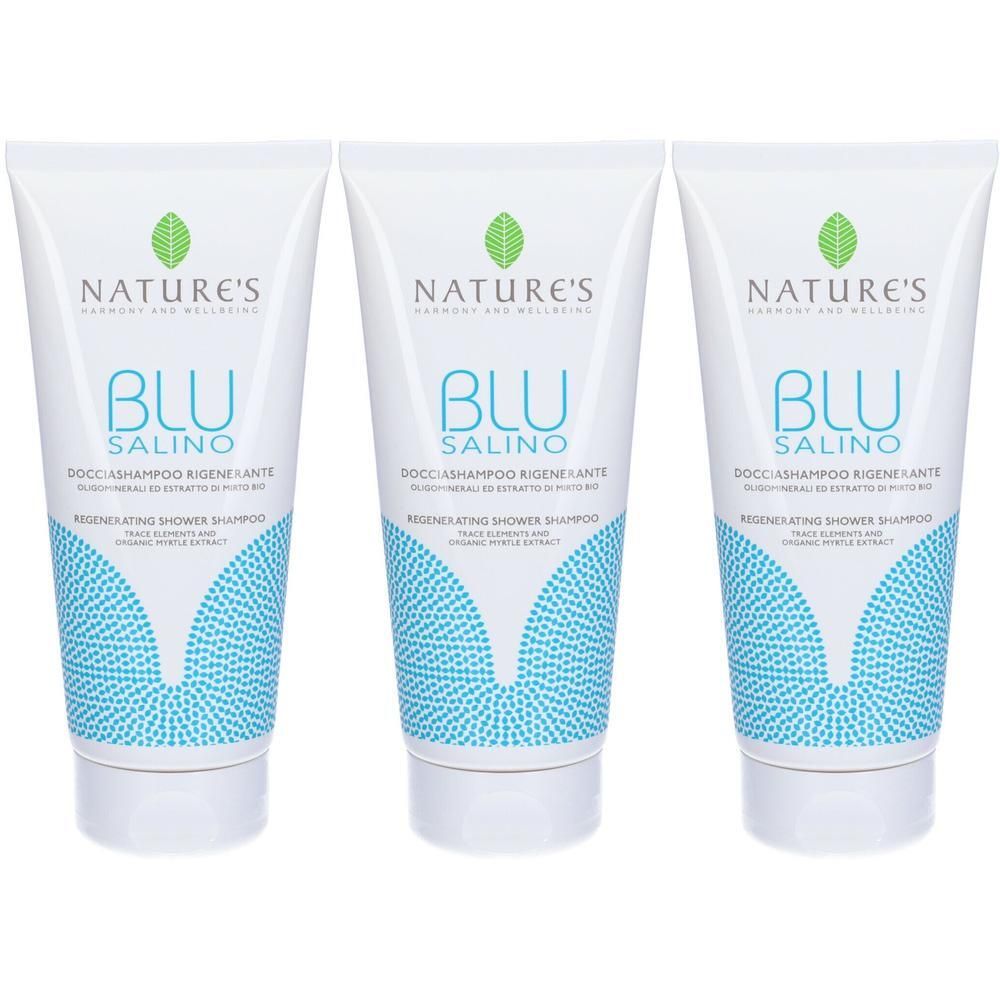 Tre tubi bianchi di shampoo doccia Nature's Blu Salino con motivo a pois blu.