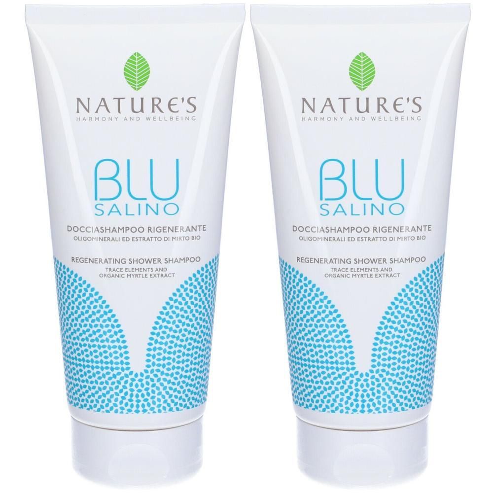 Due tubi bianchi di shampoo doccia rigenerante Nature's Blu Salino con motivo a pois blu.