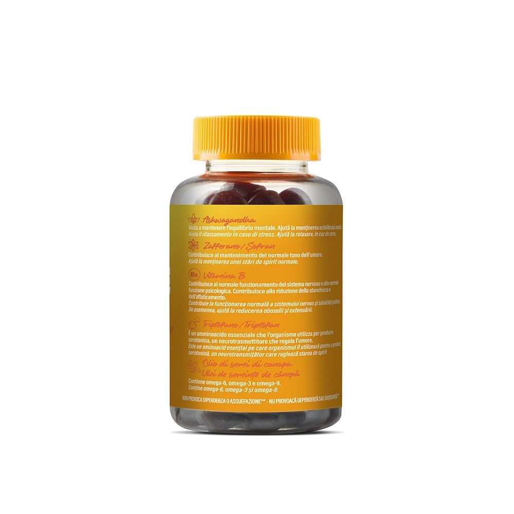 Retro di un flacone di caramelle gommose Aquilea Onbalance Smile con etichetta gialla e informazioni.