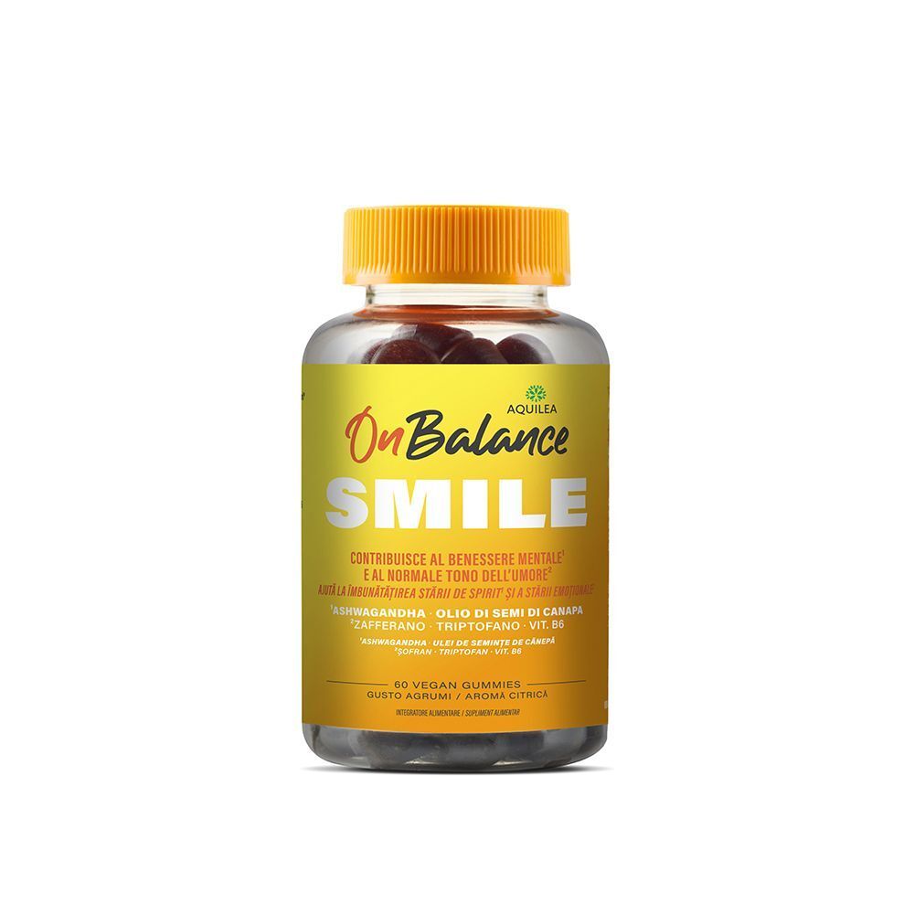 Un flacone di caramelle gommose Aquilea Onbalance Smile con etichetta gialla e tappo arancione.