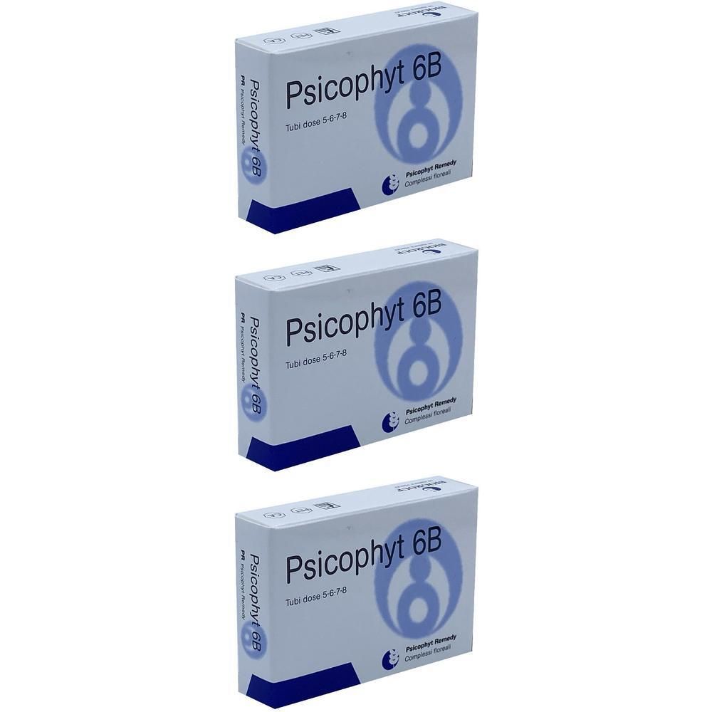 Tre confezioni di Psicophyt 6B con tubi. Scatole bianche con scritte e logo blu.