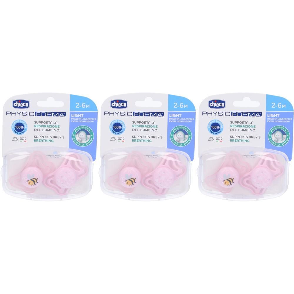 Tre succhietti Chicco Physioforma Light rosa con ape per neonati da 2-6 mesi.