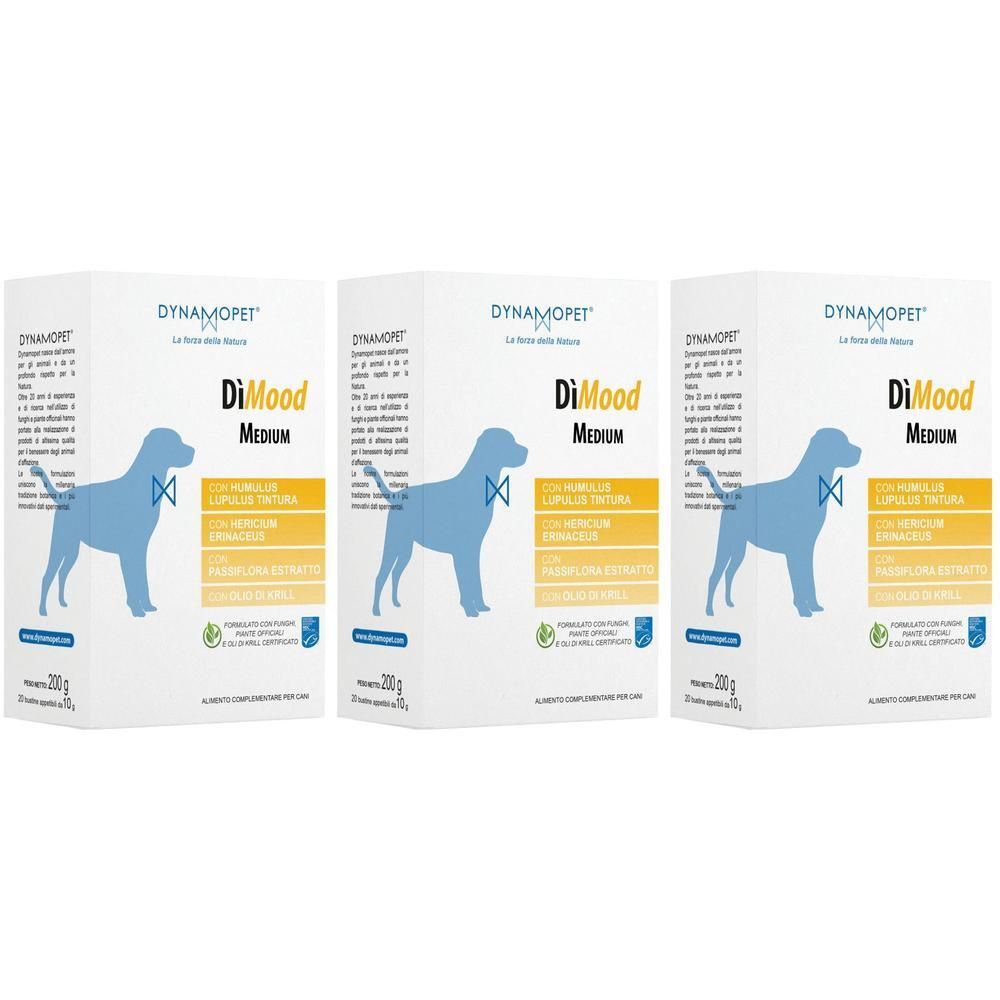 Tre confezioni di cibo per cani Dynamopet DiMood Medium, 200g ciascuna.