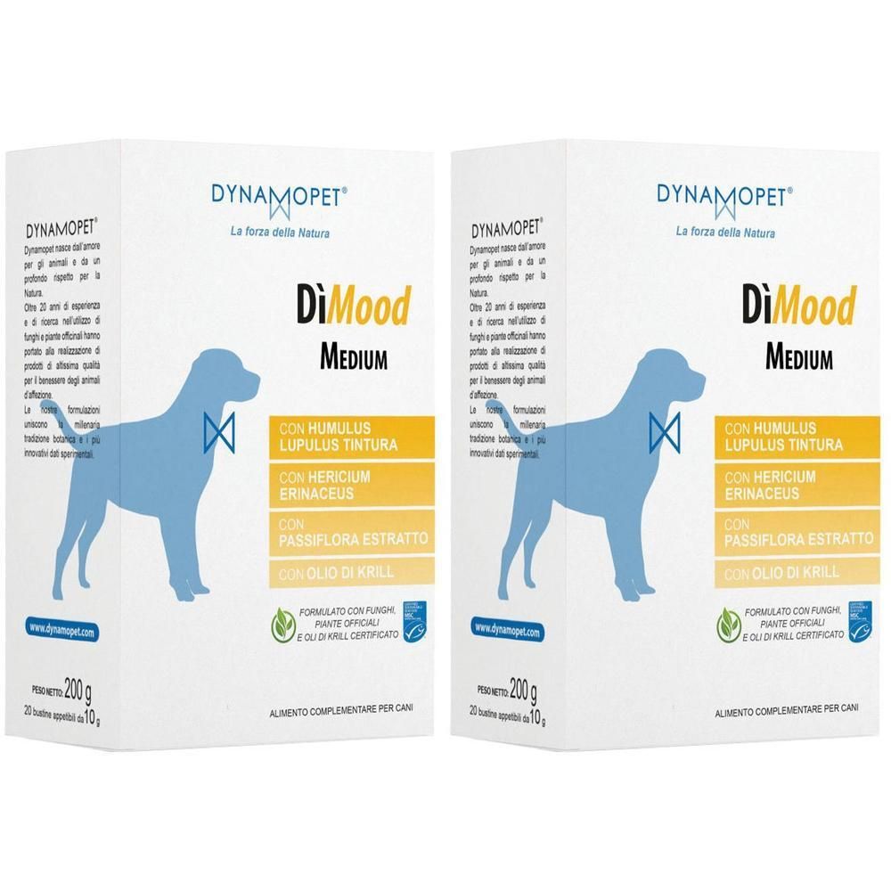 Due scatole di Dynamopet DiMood Medium, mangime complementare per cani.