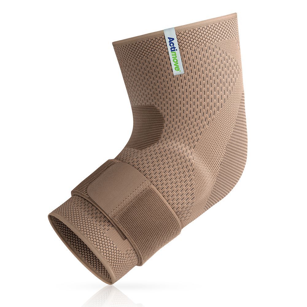 Actimove Everyday Supports Gomitiera, una ginocchiera in maglia beige con cinturino in velcro regolabile.