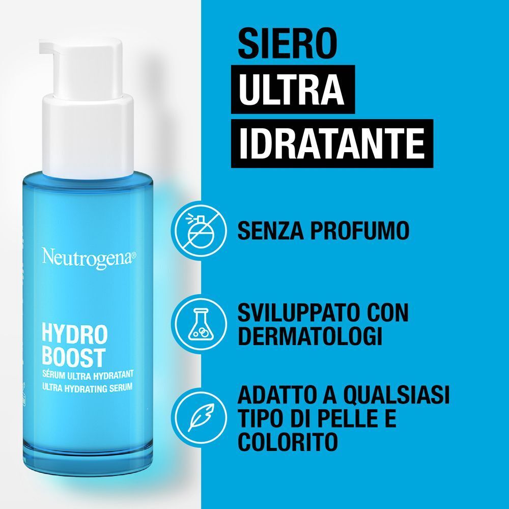 Siero Neutrogena Hydro Boost: senza profumo, sviluppato con dermatologi, per tutti i tipi di pelle.