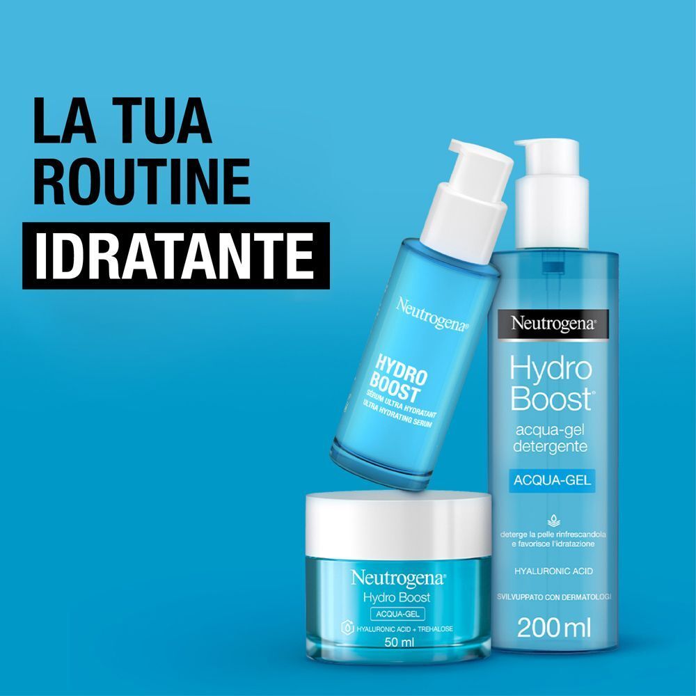 Prodotti Neutrogena Hydro Boost: siero, detergente Aqua-Gel e crema idratante.