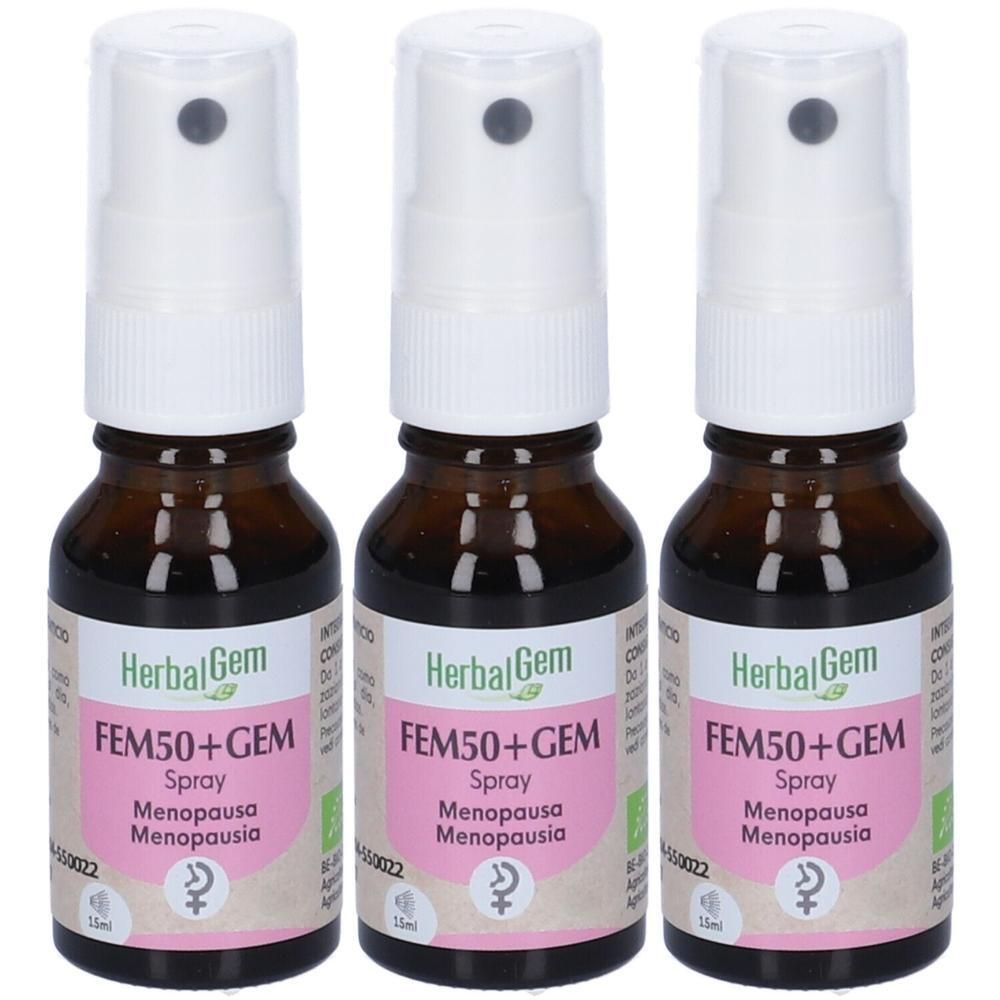 Tre flaconi spray HerbalGem FEM50+GEM per la menopausa.