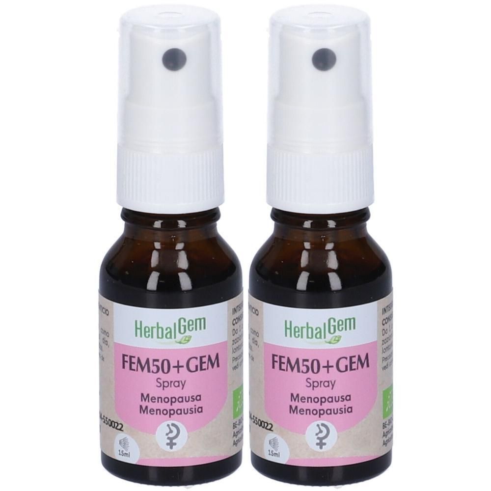 Due flaconi spray HerbalGem FEM50+GEM per la menopausa.