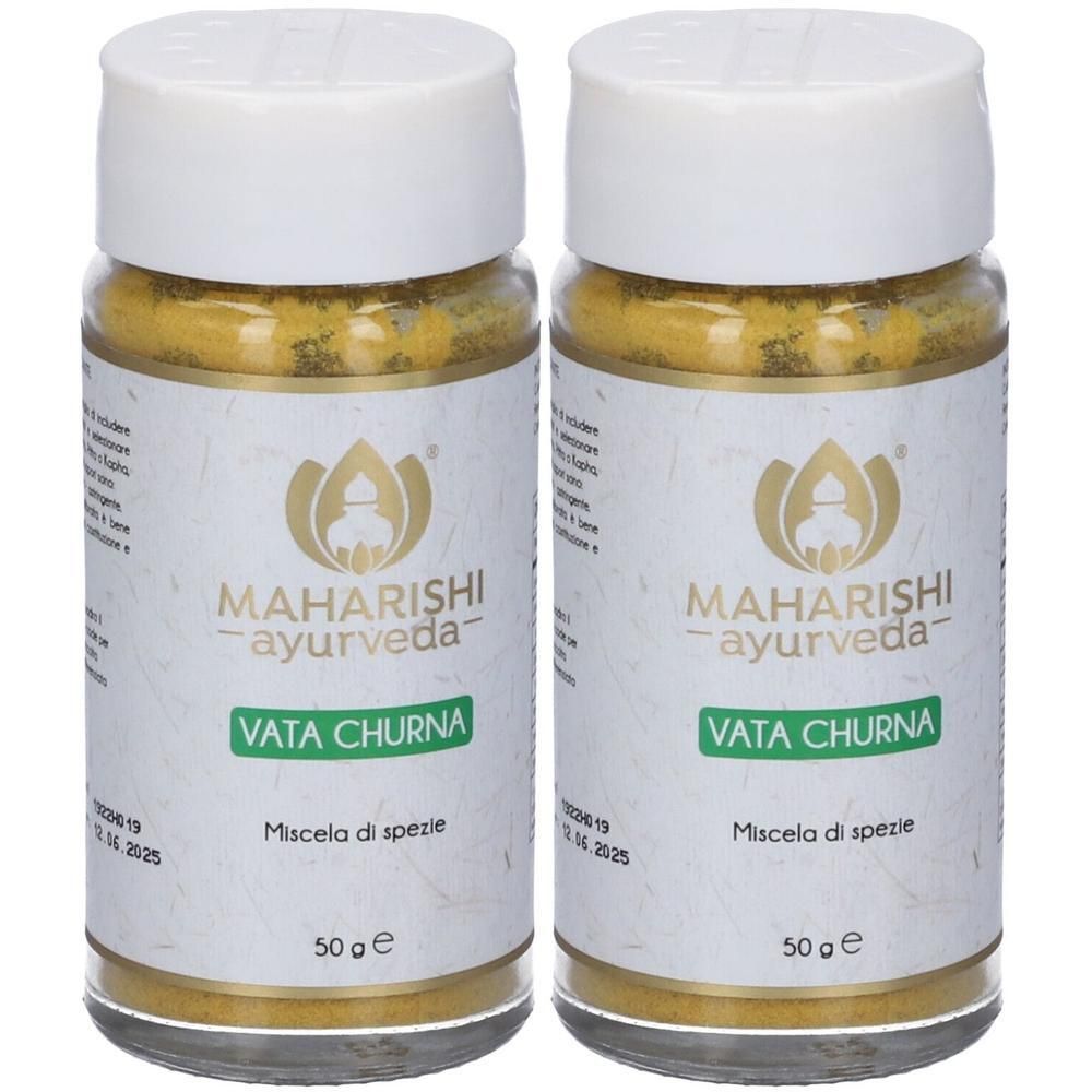 Due barattoli di Vata Churna Miscela di spezie Maharishi Ayurveda, 50g ciascuno.