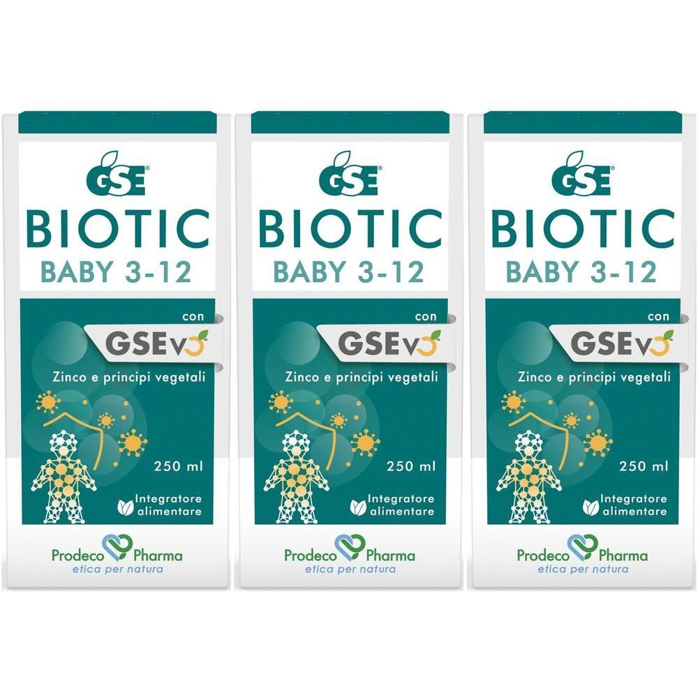 Tre confezioni di GSE Biotic Baby 3-12, 250 ml. Contiene GSEvo, zinco e principi vegetali.
