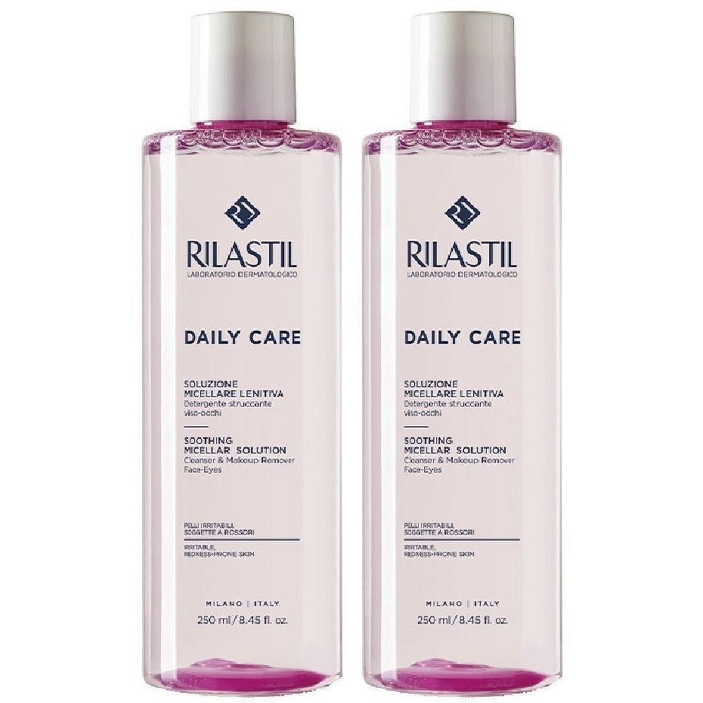 Due flaconi di Rilastil Daily Care soluzione micellare lenitiva, struccante viso e occhi.