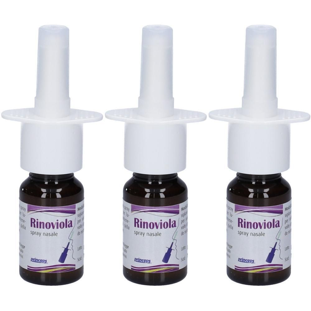 Tre flaconi di spray nasale Rinoviola con applicatori bianchi e contenitori in vetro marrone.