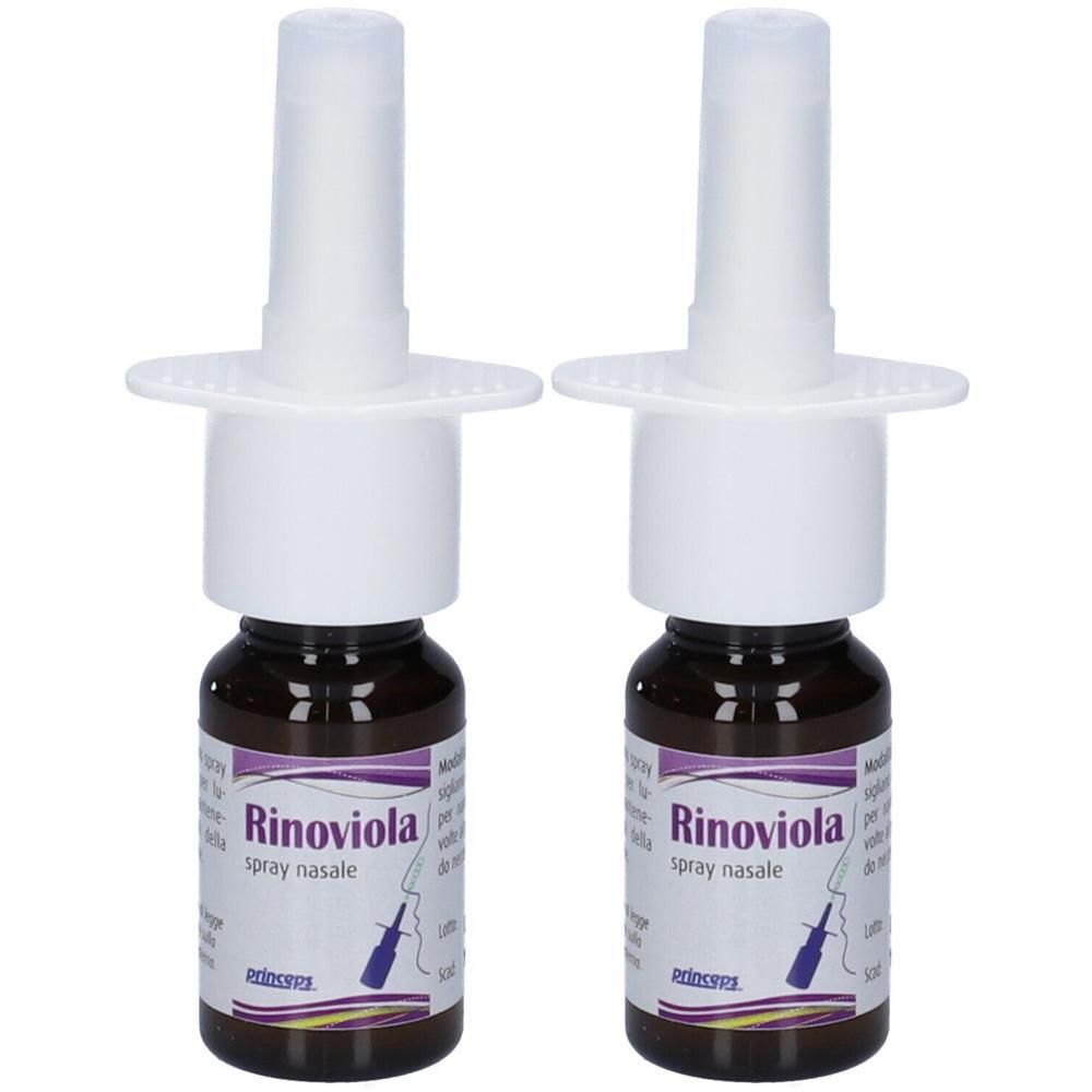 Due flaconi spray nasale Rinoviola con applicatori bianchi e contenitori in vetro marrone.