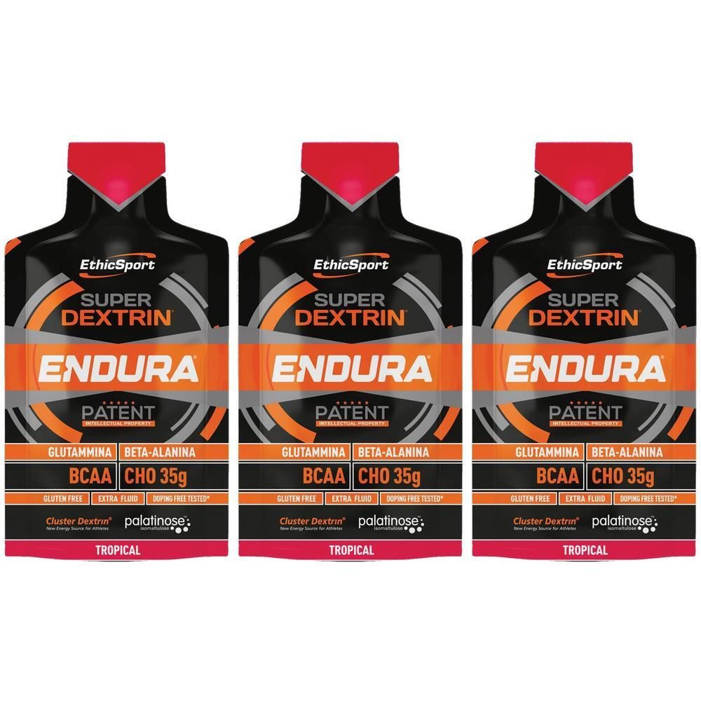 Tre bustine Super Dextrin Endura Tropical con tappi rossi. Contiene BCAA CHO 35g.