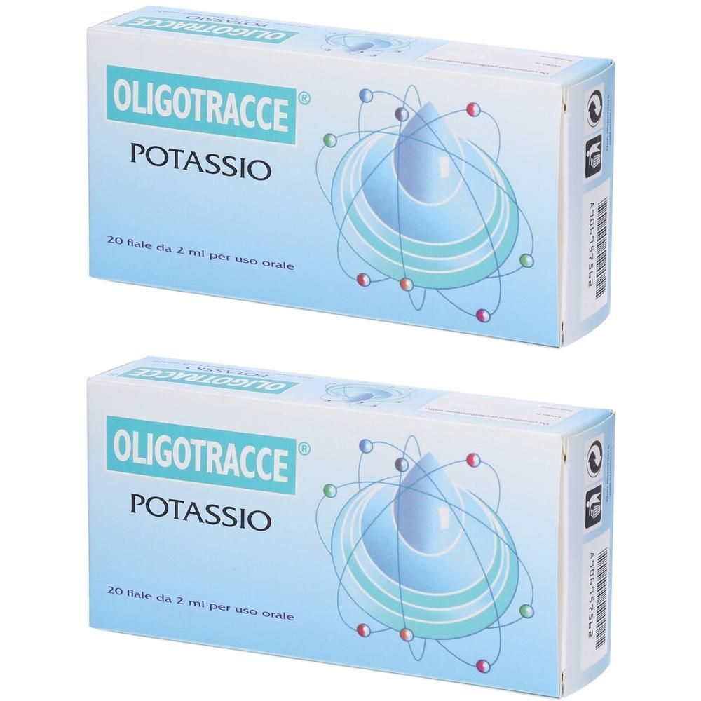 Due confezioni di Oligotracce Potassio, ciascuna con 20 bustine da 2 ml per uso orale.