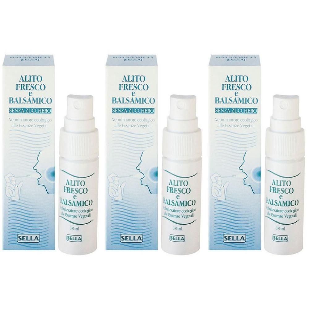 Tre flaconi spray e scatole per Sella Alito Fresco Balsamico.