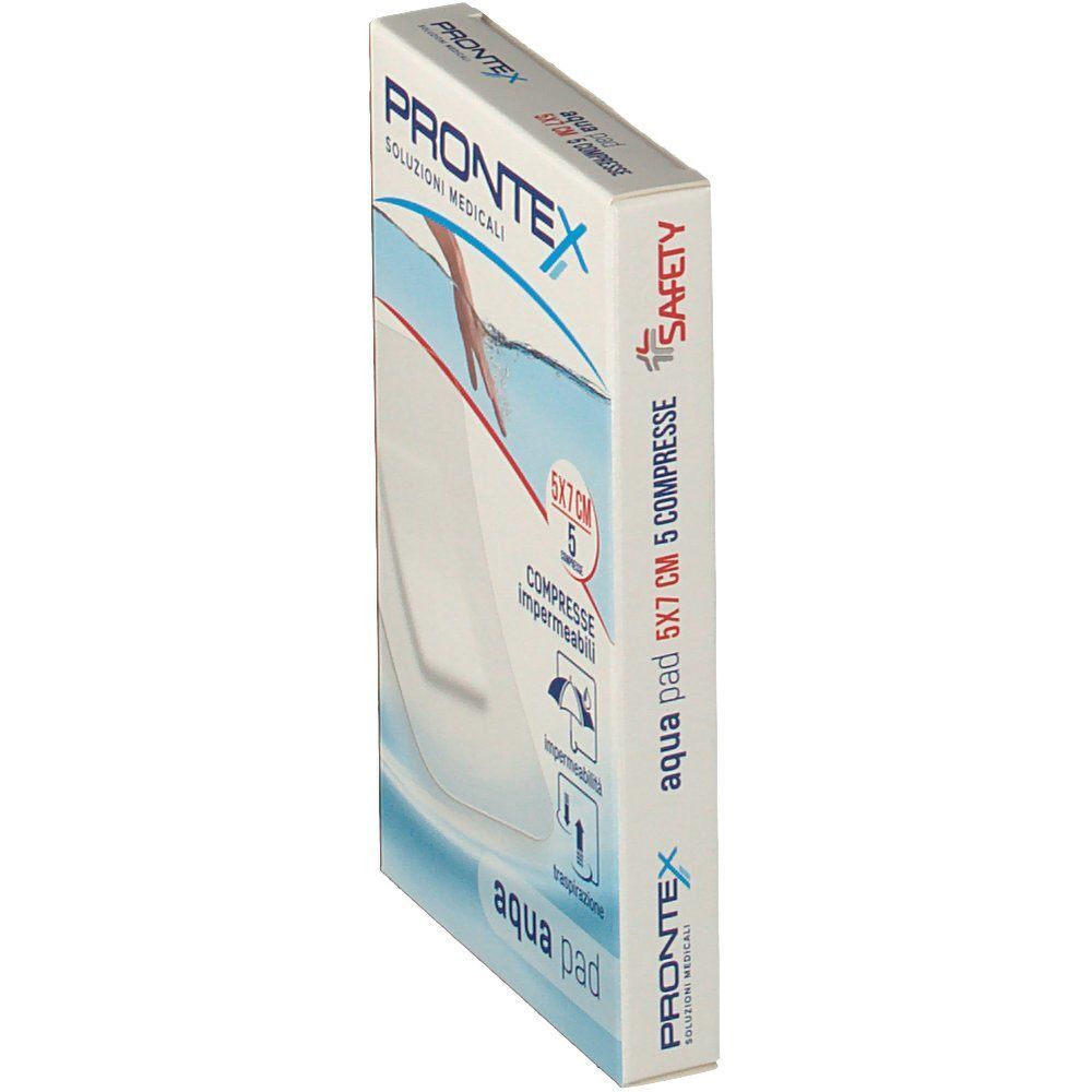 Una confezione di medicazioni Prontex Aqua Pad, 5x7cm, 5 pezzi.