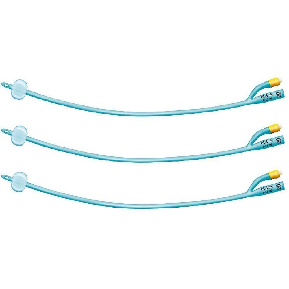 Tre cateteri vescicali Foley in silicone azzurro a 2 vie con palloncino. Connettori gialli.