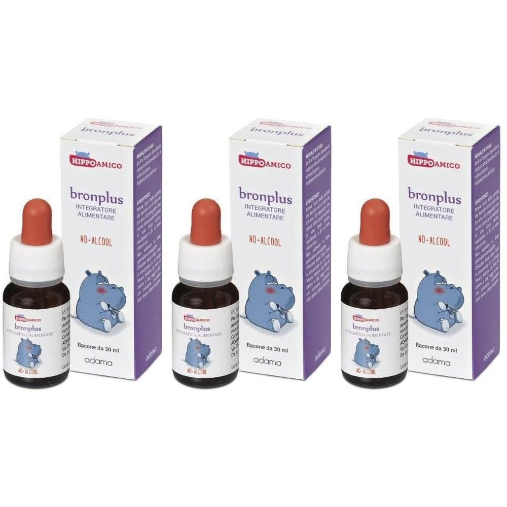 Tre flaconcini con contagocce e scatole che mostrano gocce Bronplus.
