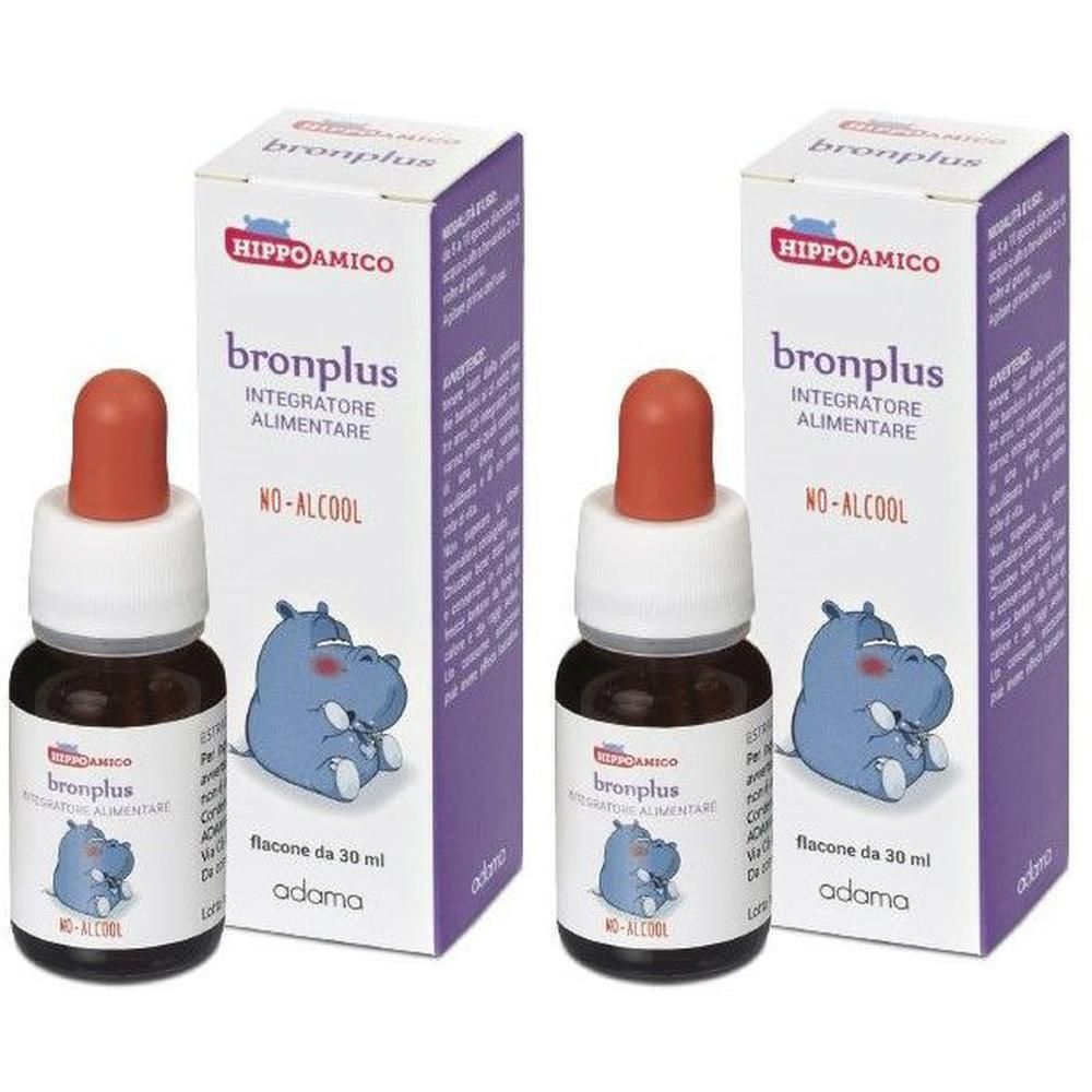 Due flaconi di Bronplus Gocce con contagocce e scatole. Ogni flacone contiene 30 ml.