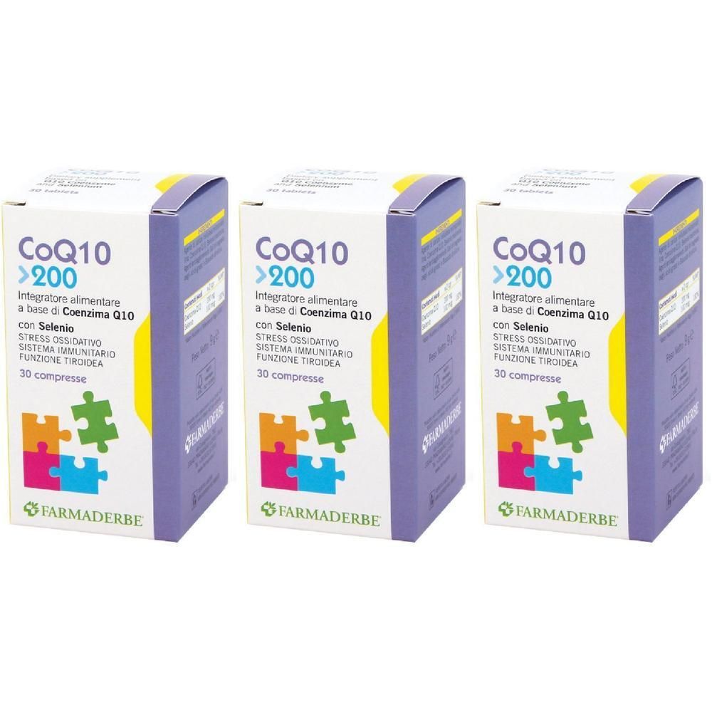 Tre scatole di CoQ10 >200 con Selenio, 30 compresse per scatola.