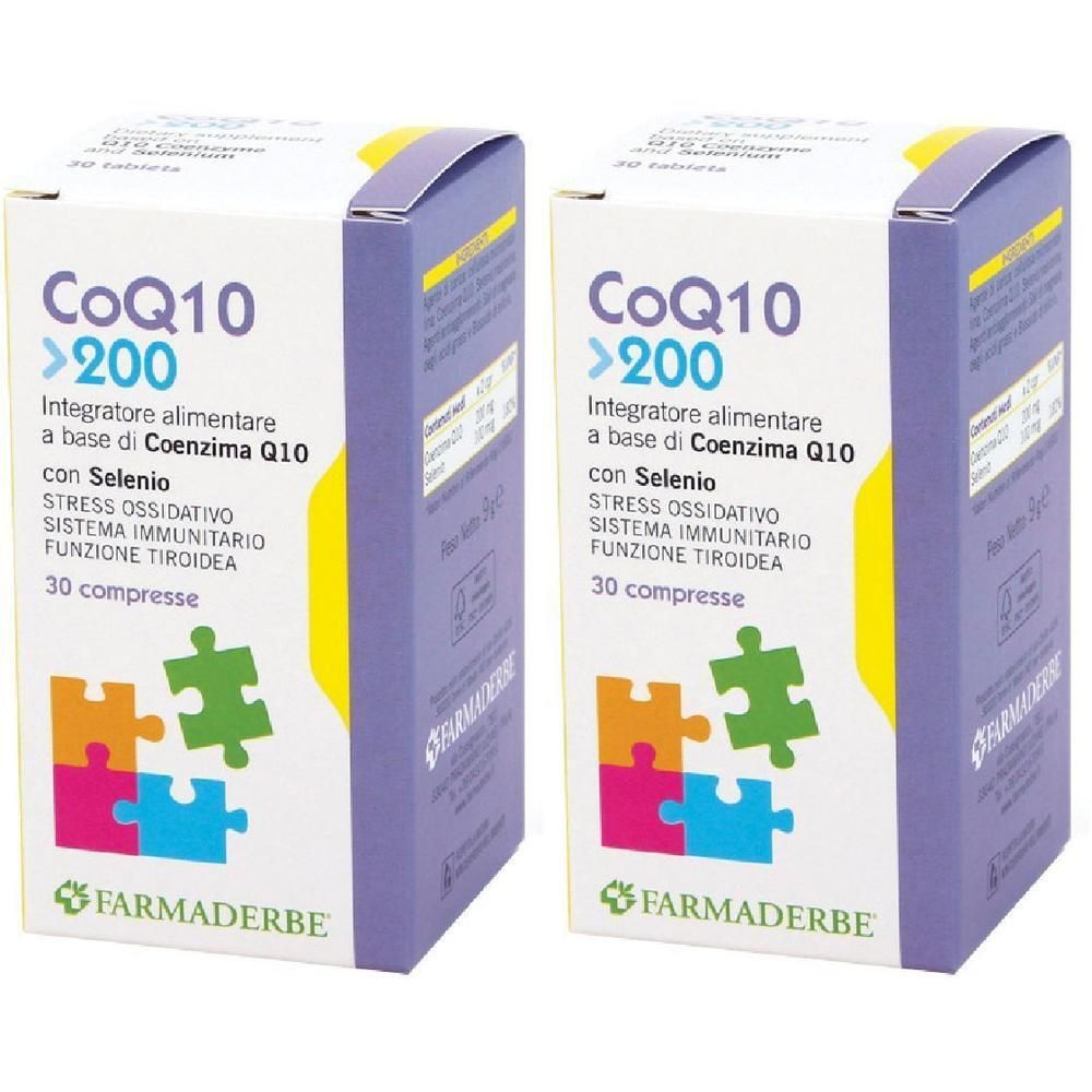 Due confezioni di CoQ10 >200, integratore alimentare con Selenio, 30 compresse per confezione.