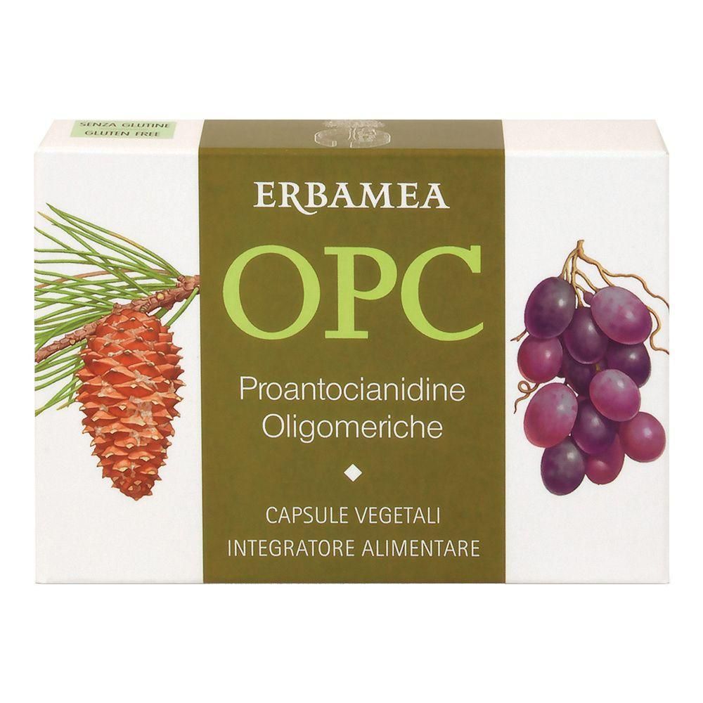 Erbamea OPC: Capsule di Proantocianidine Oligomeriche. Immagini di pigna e uva.