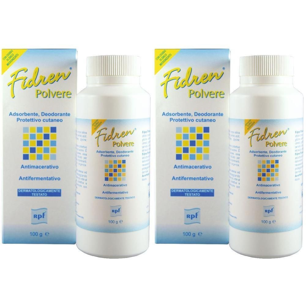Due flaconi e scatole di Fidren Polvere. Bianco con accenti blu e gialli. Testato dermatologicamente.