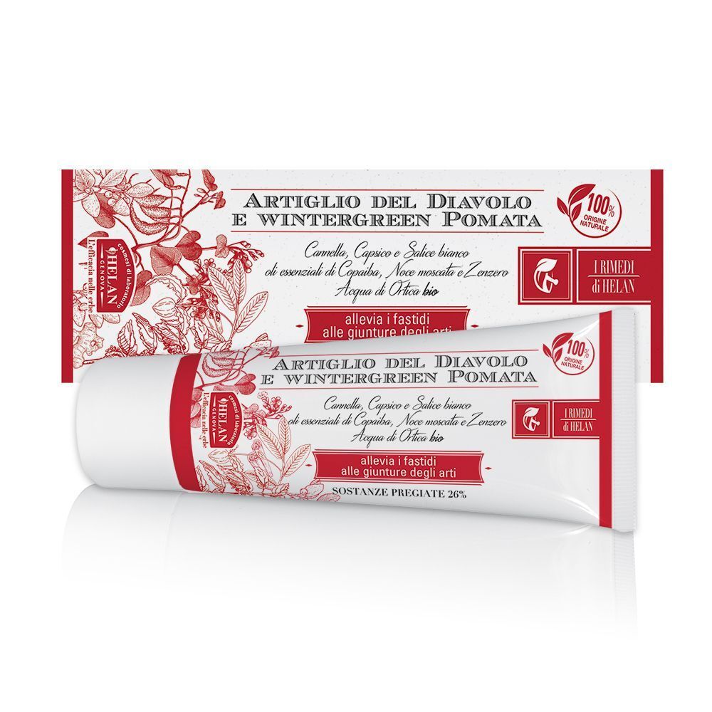 Un tubo di Helan Artiglio del Diavolo e Wintergreen Pomata con la sua confezione.