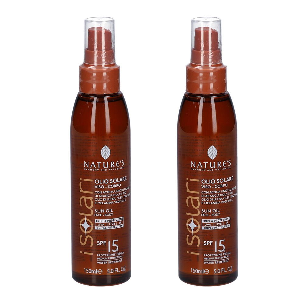 Due flaconi di Olio Solare SPF 15 di NATURE'S iSolari.