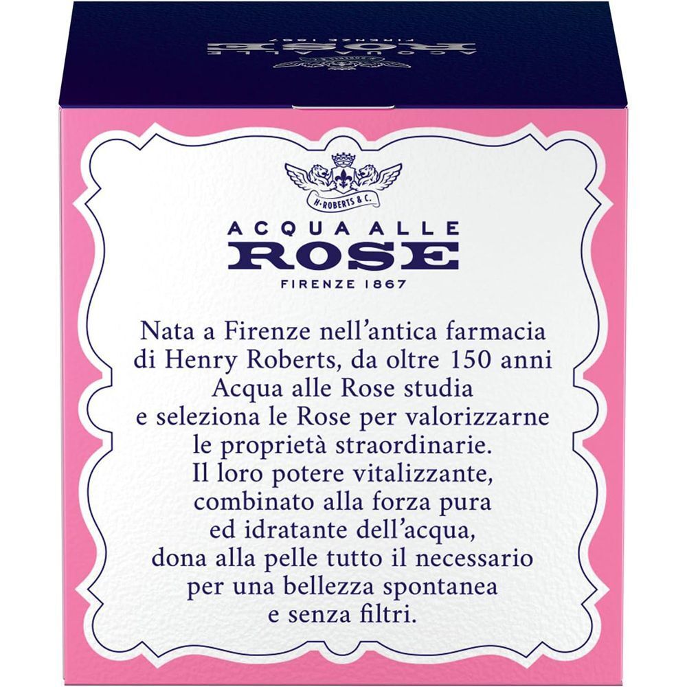 Retro di una confezione Acqua alle Rose con storia del brand e proprietà della rosa.