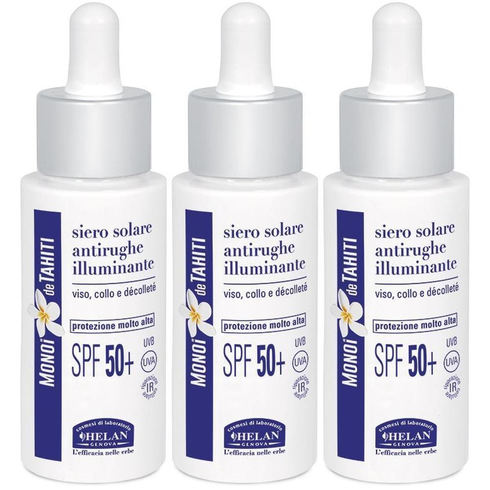 Tre flaconi bianchi con contagocce, siero solare SPF 50+.
