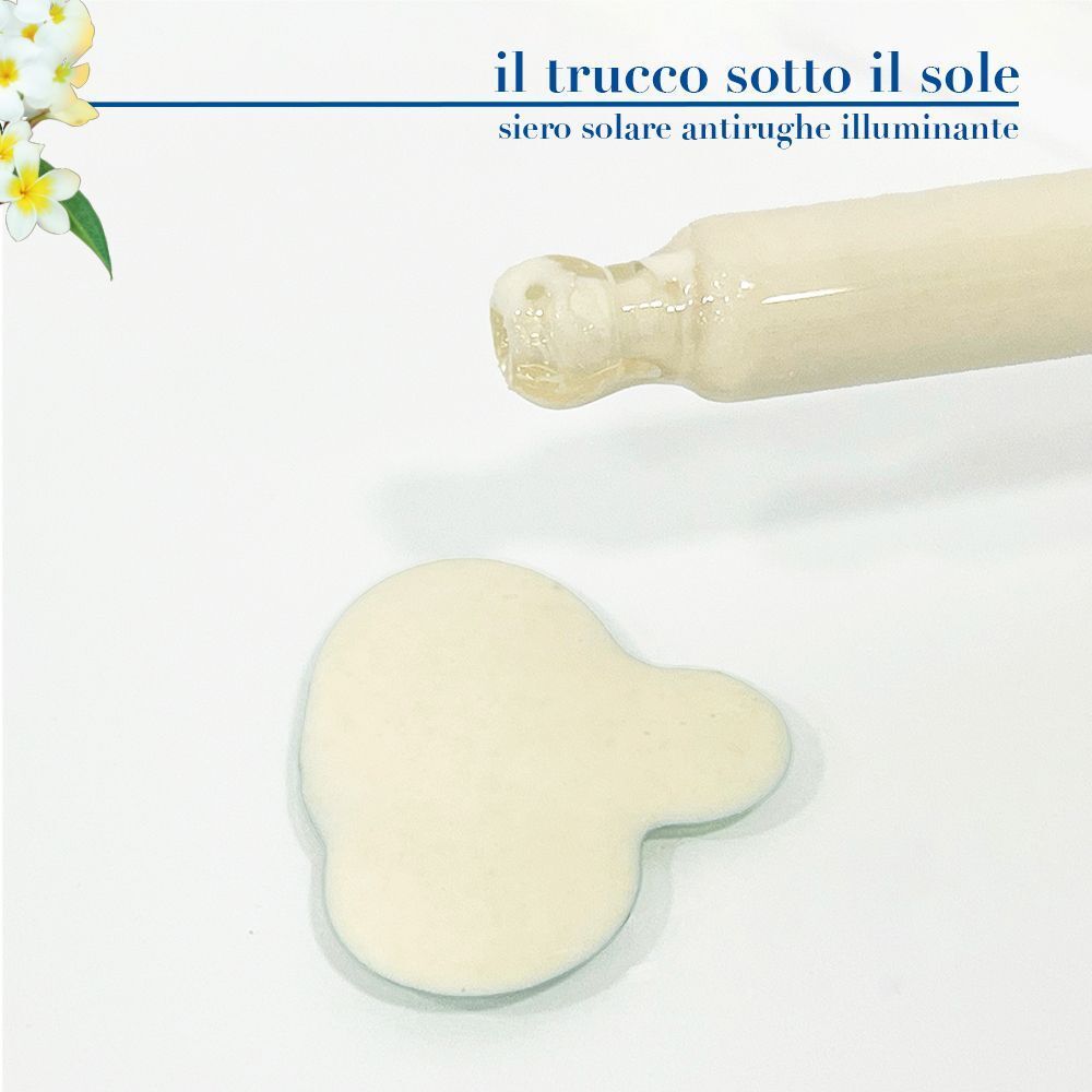 Contagocce con campione di prodotto su sfondo bianco, siero solare SPF 50+.