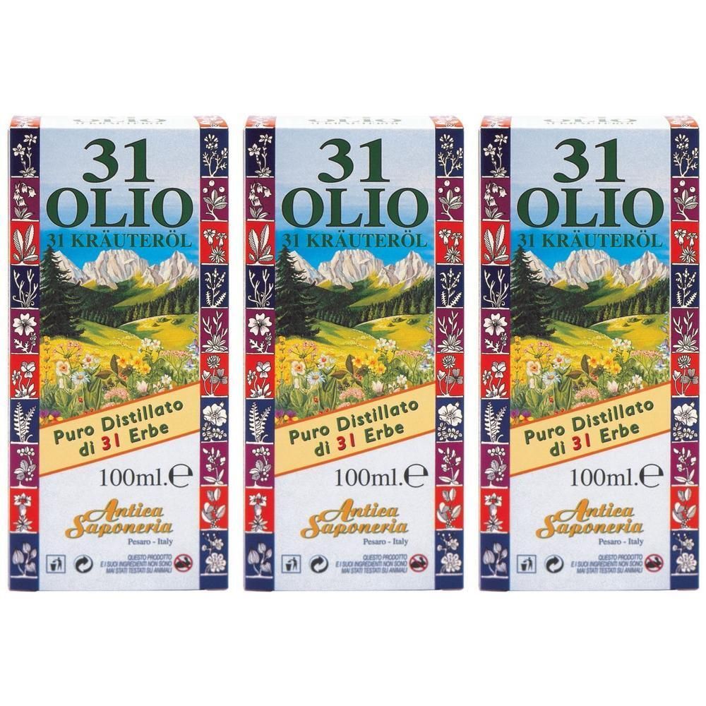Tre scatole di Olio 31 Erbe, 100ml. Paesaggio montano con fiori e alberi sul fronte.