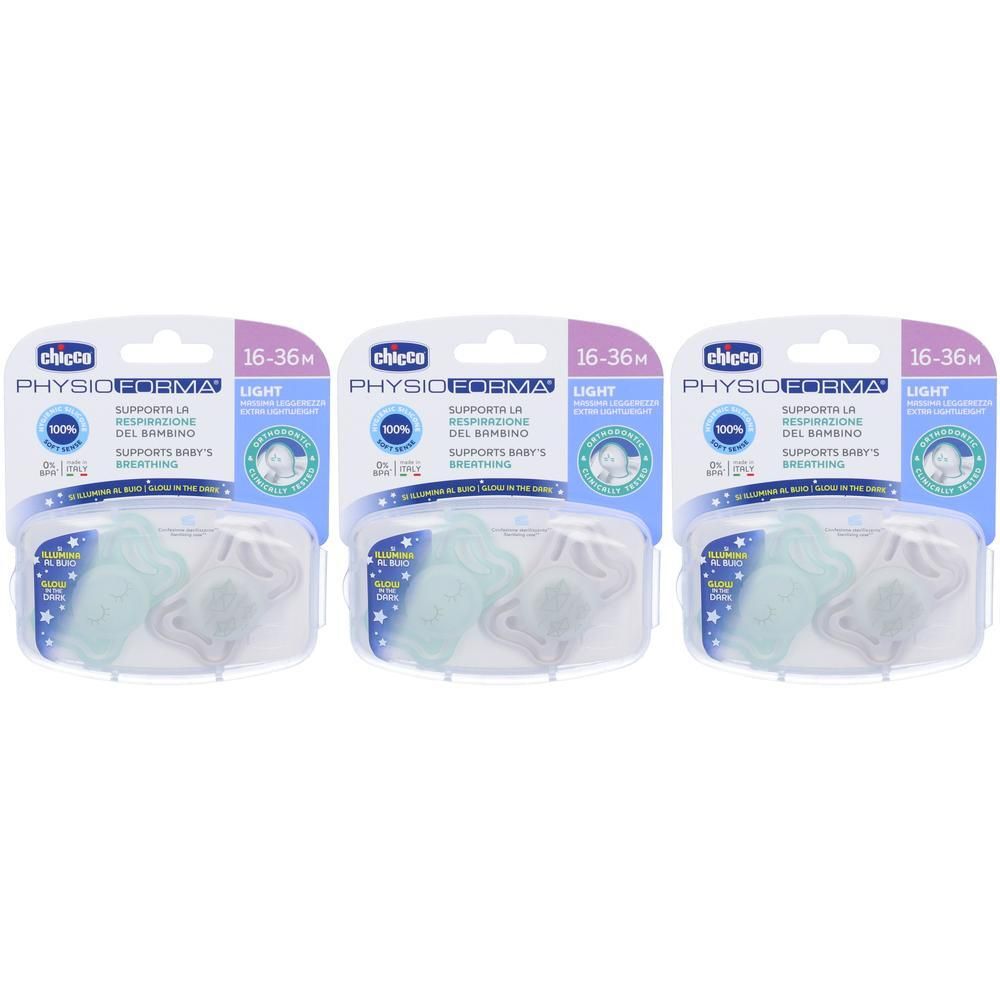 Tre succhietti Chicco Physioforma Light in silicone per 16-36 mesi in confezione.