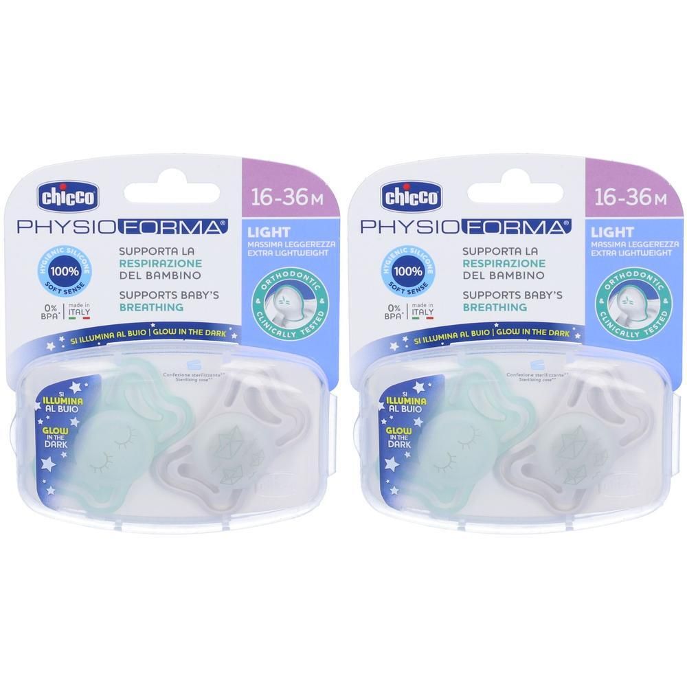 Due succhietti Chicco PhysioForma Light per 16-36 mesi, silicone, illuminano al buio.