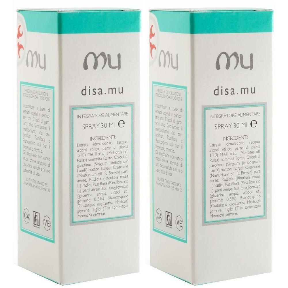 Due scatole di Disa.mu Spray, 30 ml. Confezione bianca con dettagli turchesi e scritte nere.
