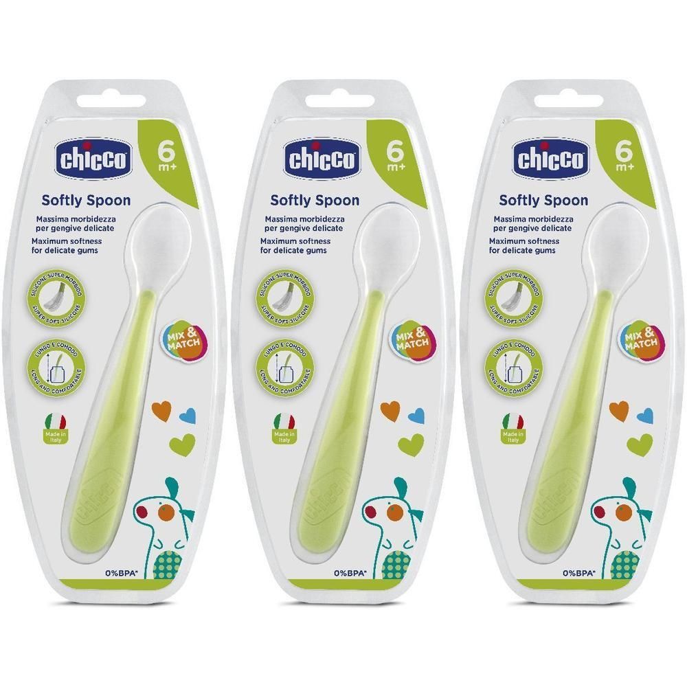 Tre cucchiai Chicco Softly verde chiaro, 6+ mesi, senza BPA.