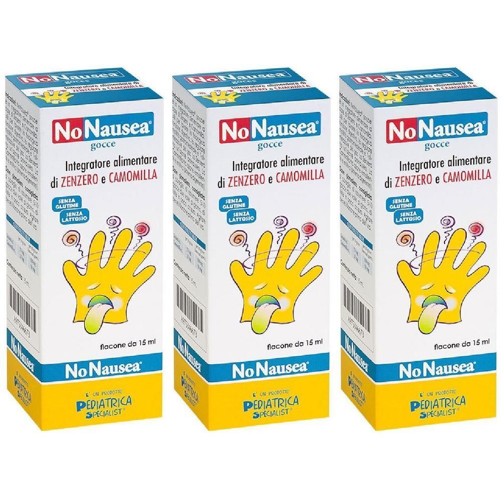 Tre confezioni di NoNausea Gocce, integratore alimentare zenzero e camomilla. Mano gialla con volto triste.