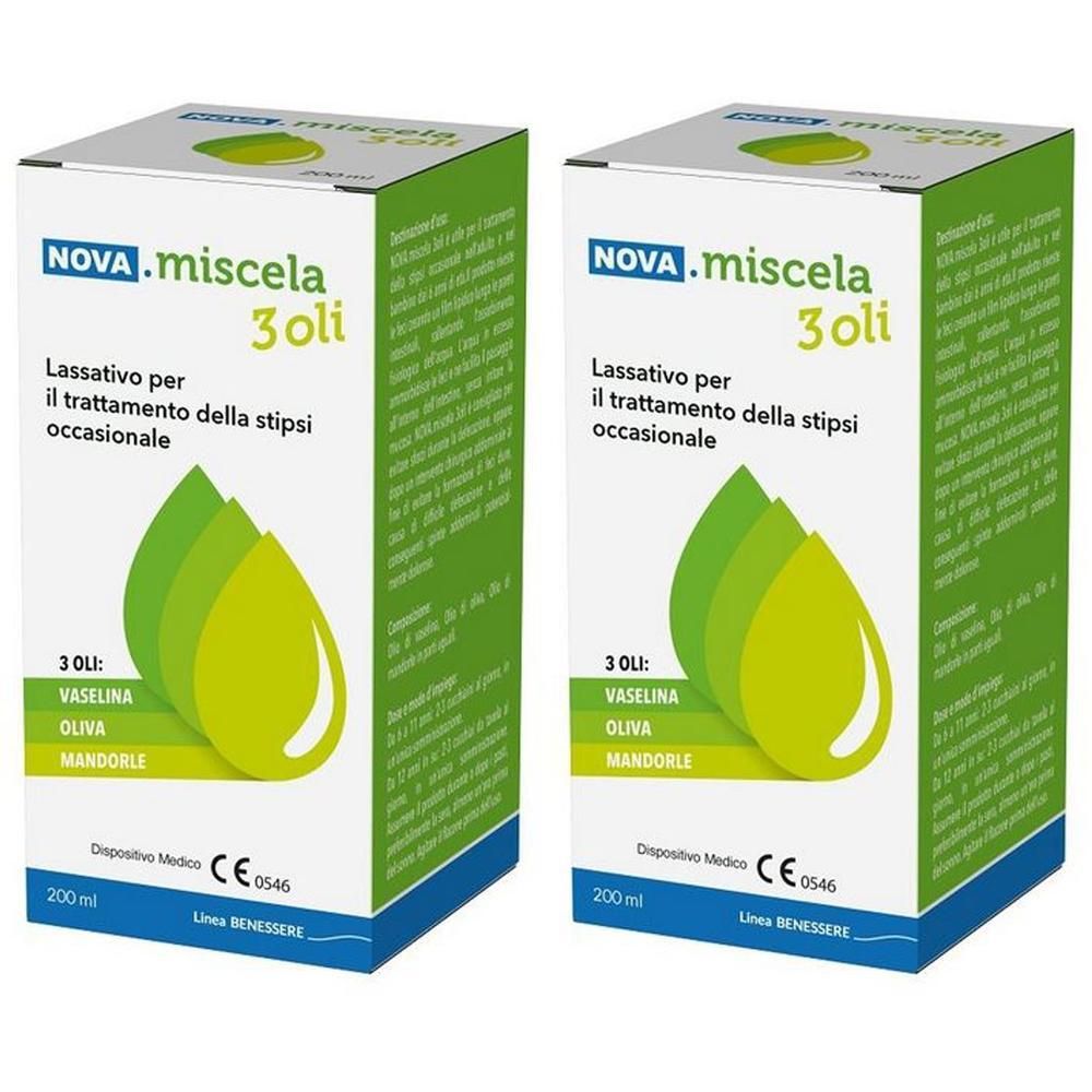 Due confezioni NOVA.miscela 3 oli, 200 ml. Con icone a goccia e testo su Vaselina, Oliva, Mandorle.