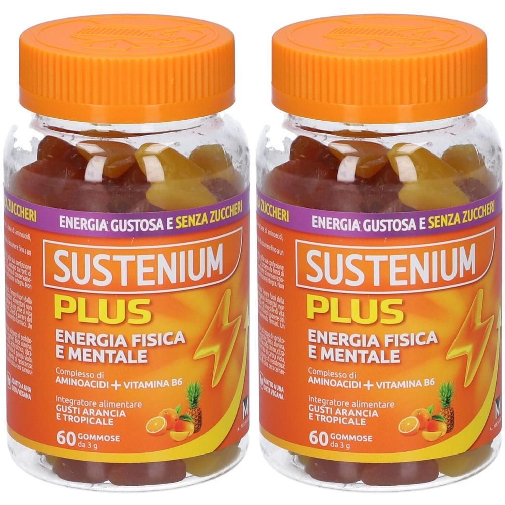 Due flaconi di Sustenium Plus caramelle gommose, 60 pezzi per flacone. Tappi arancioni, contenitori trasparenti.