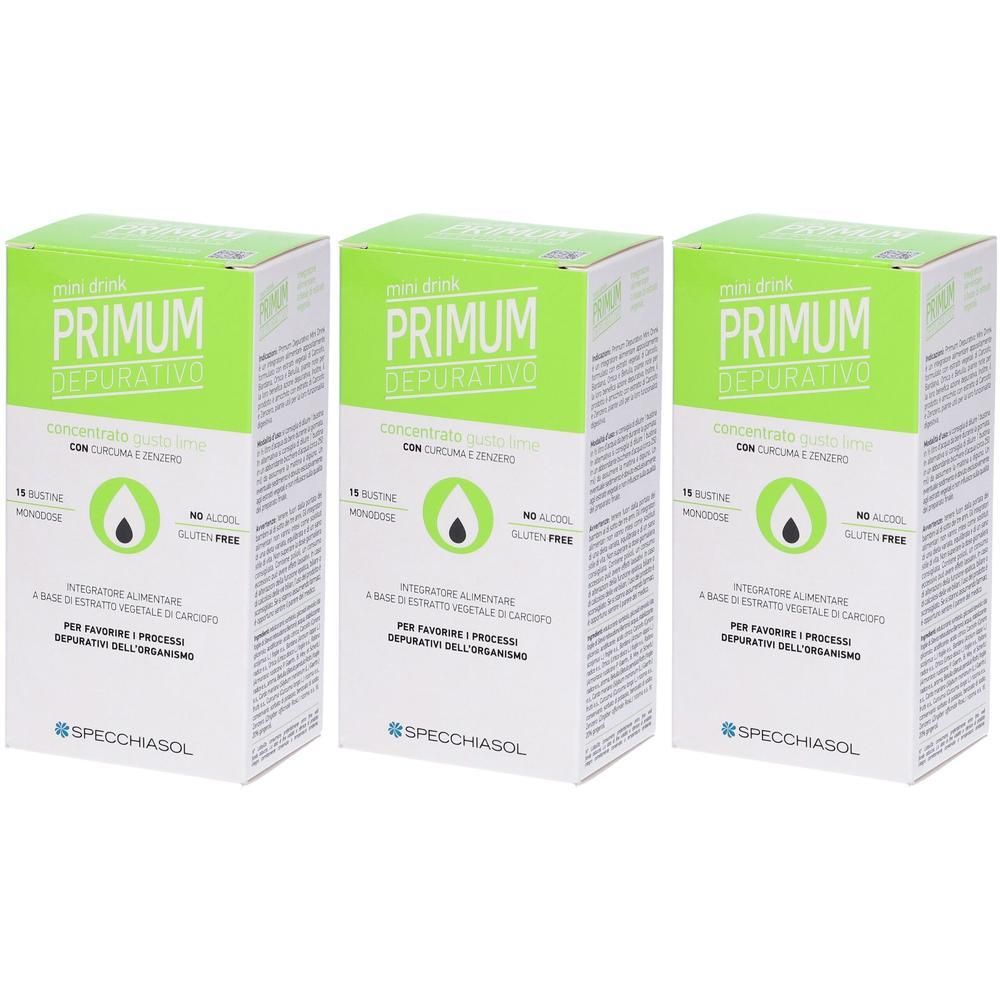 Tre confezioni di Specchiasol Primum Depurativo Minidrink. Confezione verde e bianca con informazioni sul prodotto.